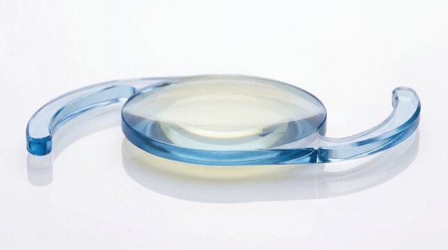Blue-light filtering intraocular lens on white background