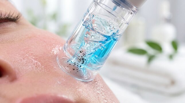 Macro of hydra facial tip suctioning skin with blue serum