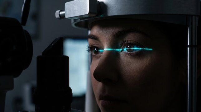 Woman undergoing advanced retinal eye scan in clinic