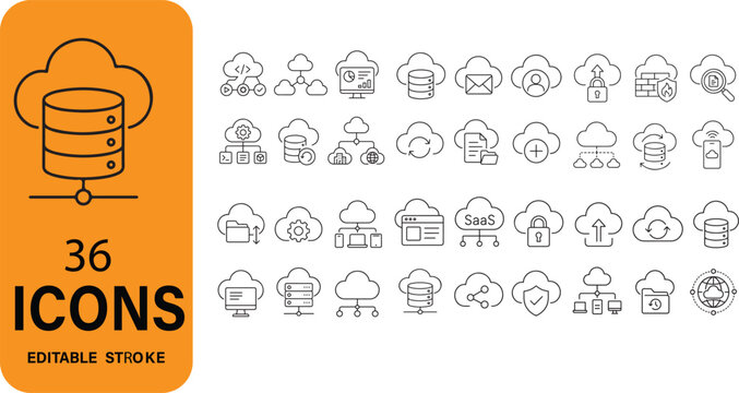 Cloud Computing Infrastructure and Virtual Database Network Line Icons Set Featuring Server Data Stacks Cloud Encryption Keys Global File Synchronizations and APIs Server Connections