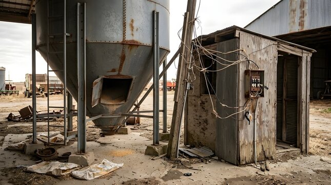 Old metal grain silo and dilapidated wooden electrical shed on rural farm property showing weathered agricultural infrastructure with loose wiring and scattered debris in outdoor work area.