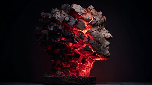 Stone head sculpture fragmenting into glowing embers with intense red light emanating from deep within the dark rocky textured surface