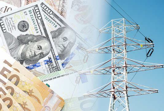 Electricity transmission tower and power grid with euro and dollar banknotes. Rising energy prices concept. Electricity cost increase and utility bill expenses background.