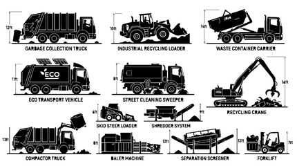 Obraz premium Collection of various waste management and recycling heavy machinery silhouettes.