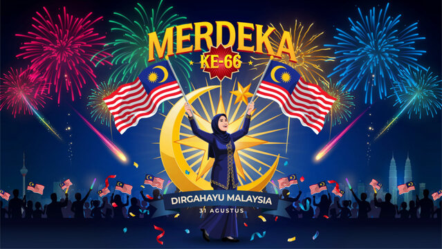Merida and her friends celebrating on colorful stage with fireworks and confetti