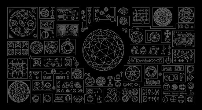Intricate futuristic geometric patterns and a detailed wireframe globe on a dark background