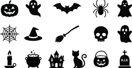 Fototapeta premium Black halloween icons set with pumpkin ghost spider witch hat and other spooky elements on transparent background