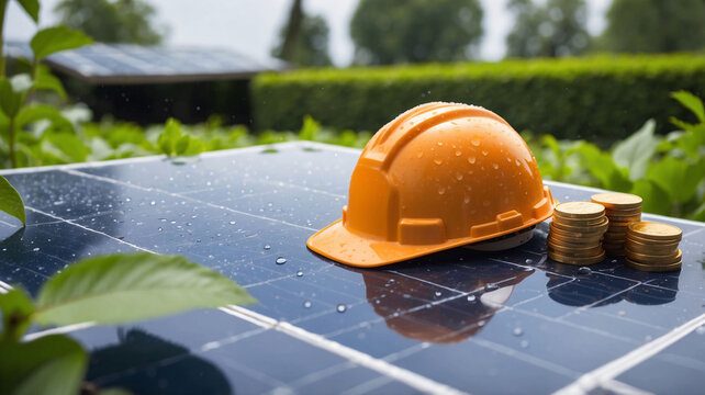 Solar energy investment concept featuring a construction safety helmet and stacks of coins on a photovoltaic solar panel surrounded by green plants. Symbol of renewable energy