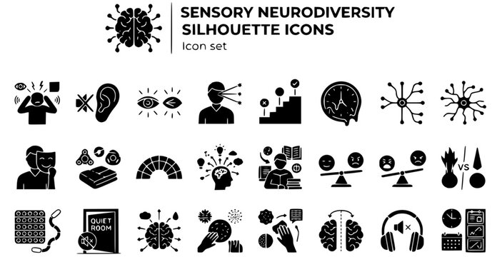 Sensory Neurodiversity Silhouette Icon Set Person Overwhelmed Noise Sensitivity Light Sensitivity Hyperfocus Executive Function Time Blindness Masking Stim ADHD Autism Emotional Regulation Meltdown 