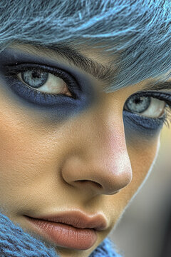 A detailed shot of an individual with distinctive blue hair, great for creative projects or editorial use vertical frame