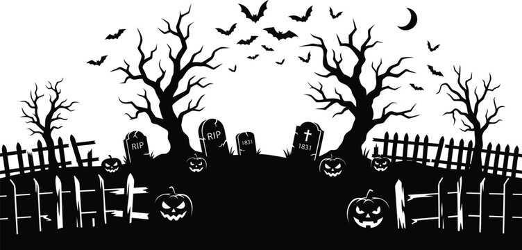 Spooky halloween scene with bare trees tombstones bats and jackolanterns in black silhouette style