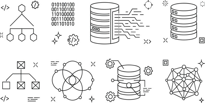 Database storage big data analytics line art vector icon set with server programming binary code and network nodes