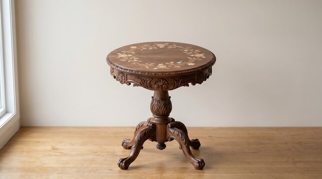 Antique carved wooden table with floral inlay