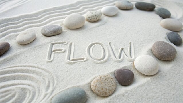 Tranquil Sand Background with Smooth Stones and Flow Inscription for Relaxation and Mindfulness Themes