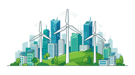 Obraz premium Eco friendly cityscape, sustainable urban landscape, green energy, wind turbines, modern buildings isolated on White Background eps