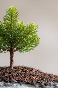 A small pine tree sits atop a mound of dirt, surrounded by nothingness vertical frame