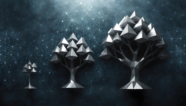 Digital growth concept with three low poly trees of increasing size against a dark blue network background representing technological development
