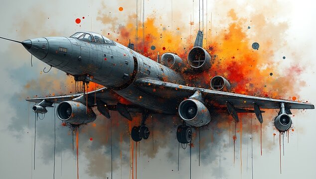 Dramatic Watercolor Painting of a Military Jet Aircraft.