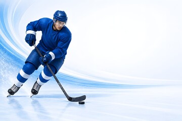 Obraz premium sports Ice Hockey Player Skating With Puck in Blue Uniform and Copy Space
