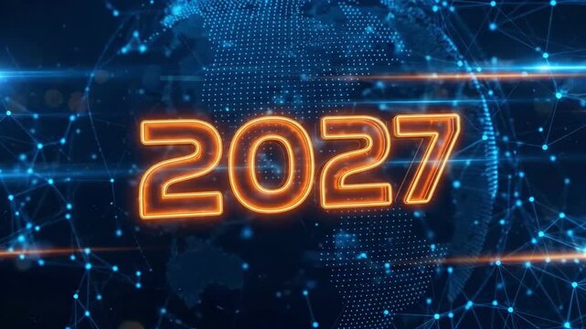 Digital globe featuring glowing 2027 numbers. New year 2027 celebration worldwide. Futuristic global technology concept for year of the sheep in chinese zodiac tradition