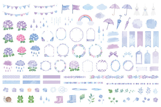梅雨の季節を彩る紫陽花と雨の装飾ベクターイラストセット。グリーティングカード、カレンダー、ウェブデザインの素材として (EPS)