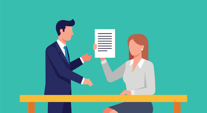 Business professional presenting a document to a colleague at a desk, flat vector illustration of office communication and collaboration