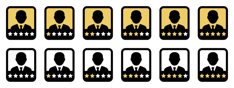 Identification badge, employee ID card, user profile, membership card, account badge, verification card and rating symbol icon collection. Editable vector set with black and yellow variants.
