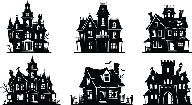 Black silhouettes of haunted houses and spooky mansions for halloween decorations and festive designs