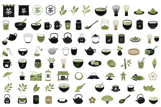 日本の伝統的なお茶と抹茶の文化を表現したベクターアイコンセット。和風のメニューデザイン、カフェの広告、ウェブサイトの装飾に最適 (EPS)