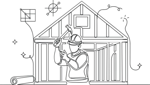 House construction carpenter builder continuous line art vector illustration with framing hammer hardhat blueprint and building tools