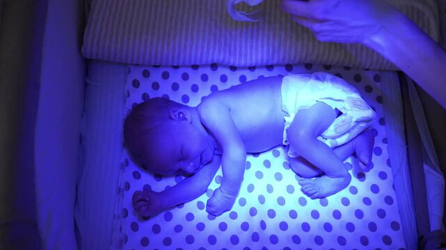 Top down view of a mother's hands gently placing protective eye pads on her newborn infant receiving home phototherapy treatment for jaundice under a special blue light lamp