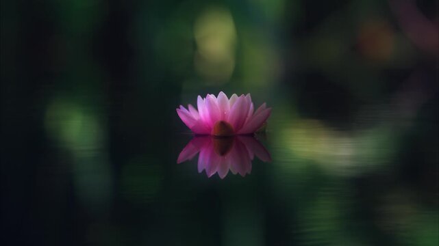 Pink lotus flower or water lily reflected on the water surface of a pond. Shallow depth of field. Blur background