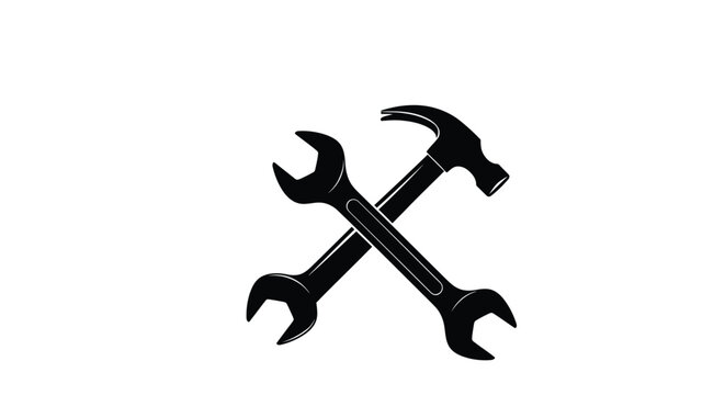 Crossed wrench and hammer tools black silhouette