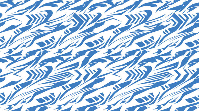 Seamless abstract racing pattern featuring sharp blue geometric shapes and angled stripes on a white background, for vehicle decals, and sporty apparel