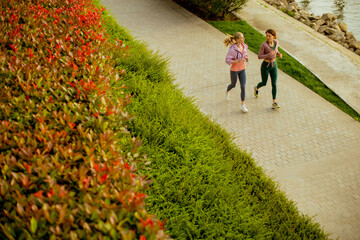 Fototapeta premium Two women jog along a path near water surrounded by green bushes and red flowers