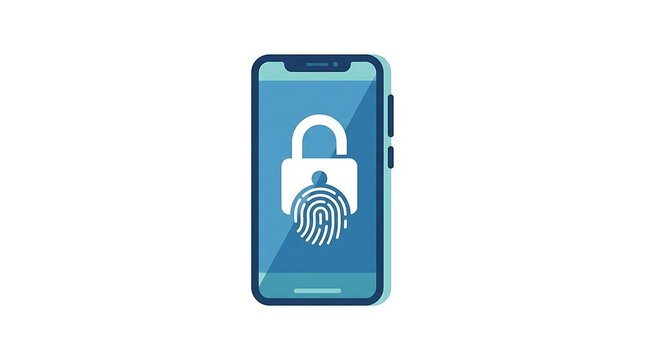 Secure smartphone with biometric fingerprint lock, mobile security concept. Digital device protection, data privacy, and access control illustration. Modern flat design for cybersecurity and