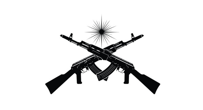 Crossed assault rifles with starburst black silhouette