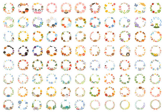 四季の植物と動物の丸いフレームベクターイラストセット for グリーティングカード, ウェブデザイン & 季節の装飾 (EPS)