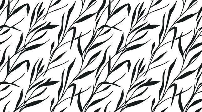 Seamless repeating pattern of black silhouetted leafy branches on a white background, for textiles
