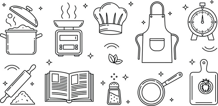 Kitchen cooking utensils line art vector icon set with chef hat apron recipe book scale pot and timer