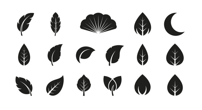 Set of Black Minimalist Leaf and Abstract Crescent Shape Icons, Isolated White Background