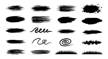 Black ink brush strokes and grunge texture elements collection with paint splatters on an isolated white background. © Clairo