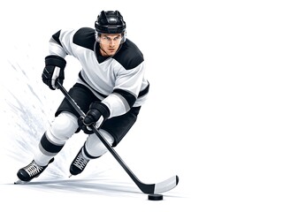 Fototapeta premium Sports Ice Hockey Player Skating With Puck and Copy Space