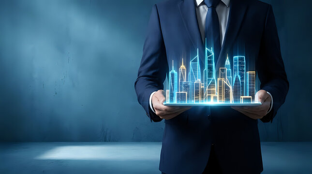 Businessman holding digital holographic model of smart city infrastructure with businessman hologram infrastructure
