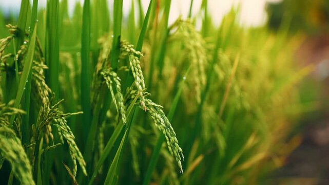 Lush green rice field in vietnam with ripening grains under blue sky with sunlight.