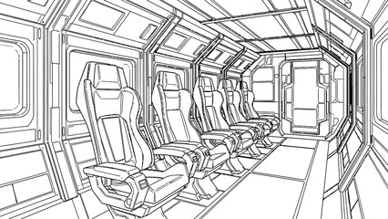 Fototapeta premium Intricate line art of a train interior a detailed architectural sketch with seating and compartments