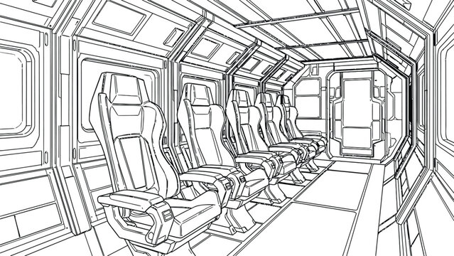 Intricate line art of a train interior a detailed architectural sketch with seating and compartments