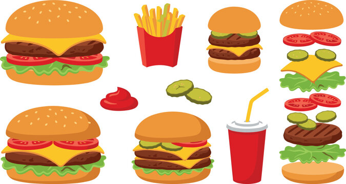 Fast Food Cheeseburger and Hamburger Vector Set with Exploded View Layers, French Fries, Soda Cup, and Ingredients for Menu Graphic Designs