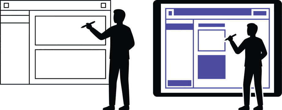Professional designer silhouette working on website wireframe interface and mobile application development layout using a digital tablet for user experience design project.