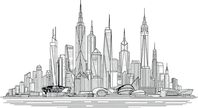 Futuristic cityscape sketch a detailed line drawing of a dystopian or utopian metropolis